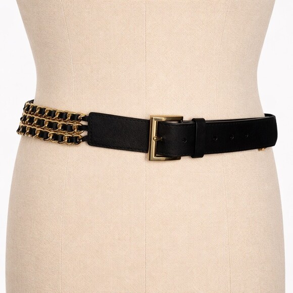 Vintage Black Leather Triple Gold Chain statement belt Multi-Strand Large